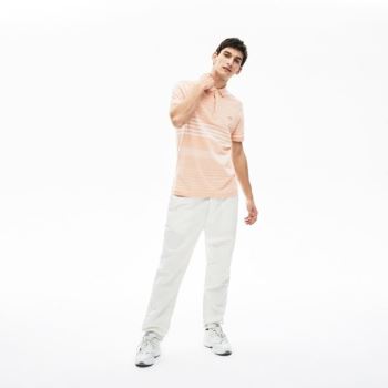 Lacoste Striped Linen And Cotton Regular Fit Polo Shirt Pánské - Polo Světle Růžové / Bílé | CZ-QKiQ